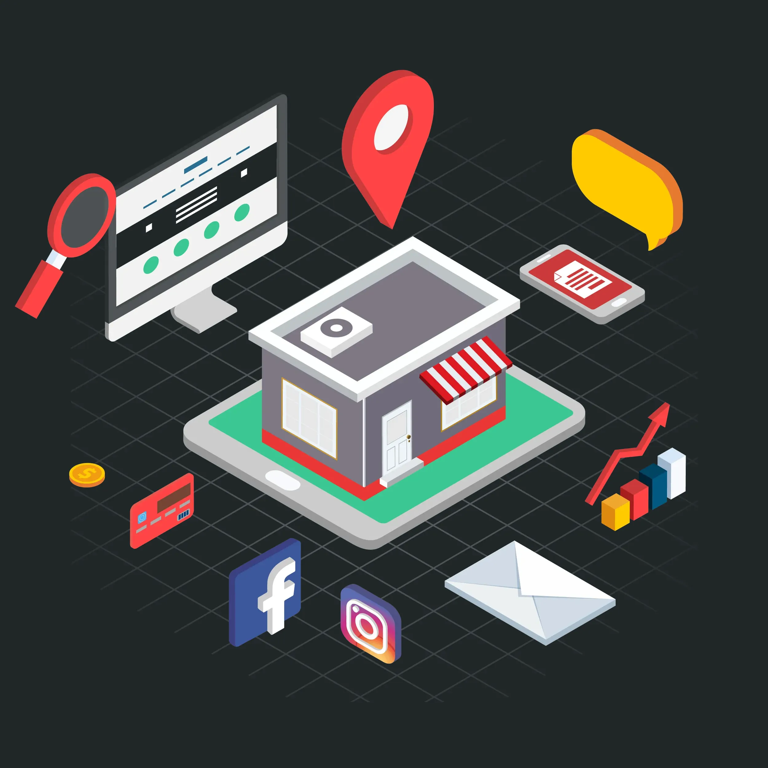 Representación gráfica de una estrategia de marketing digital con elementos como una tienda en un dispositivo móvil, íconos de redes sociales, gráficas de crecimiento y herramientas digitales que ilustran el ecosistema empresarial online.