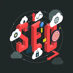 Ilustración representativa de SEO con íconos relacionados a optimización, crecimiento web, seguridad, y objetivos de marketing digital, destacando la importancia del posicionamiento en motores de búsqueda.