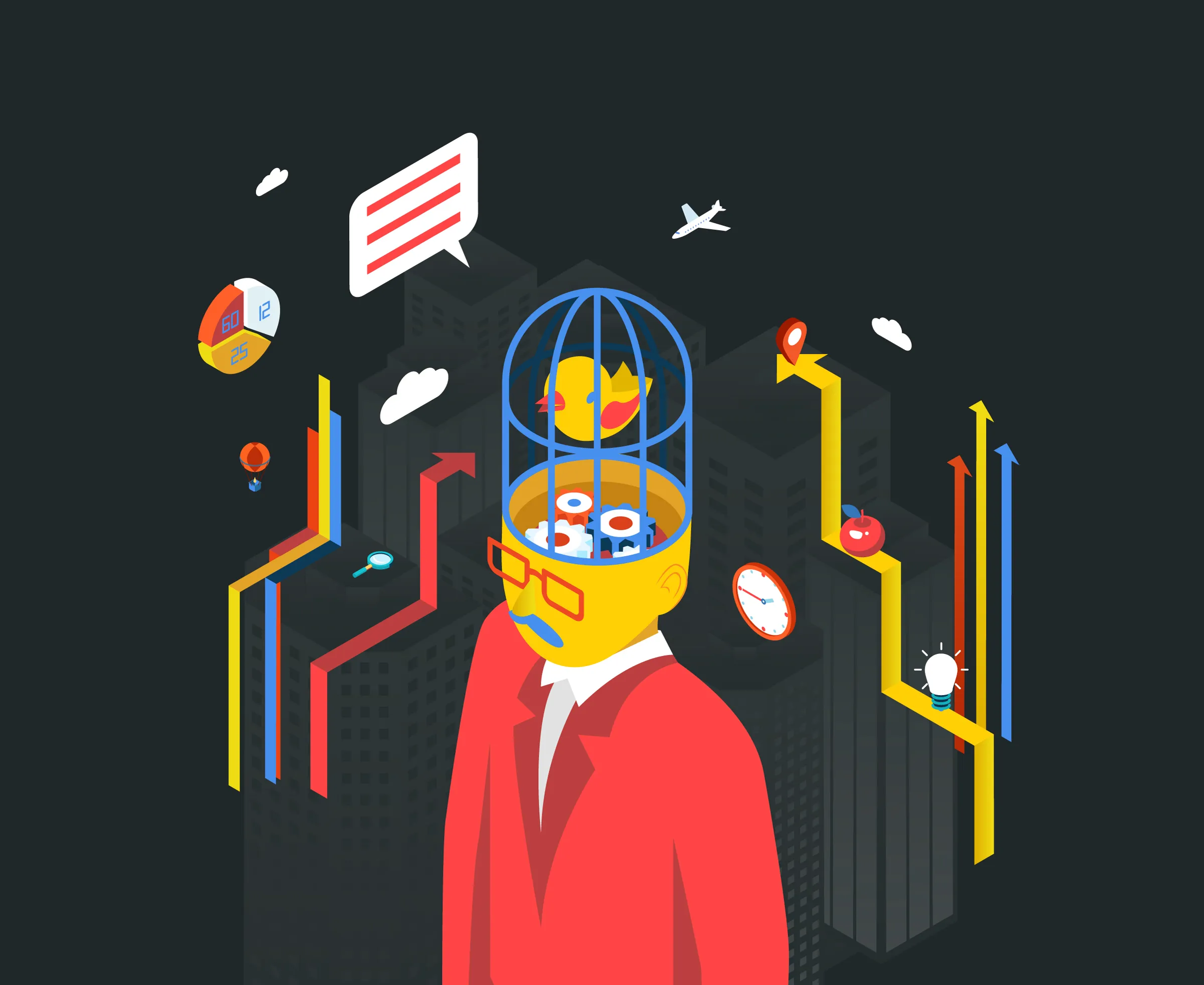 Ilustración conceptual de las heurísticas del marketing digital, con un personaje de traje rojo y elementos simbólicos como una jaula, gráficos y engranajes que representan la psicología social de compra.
