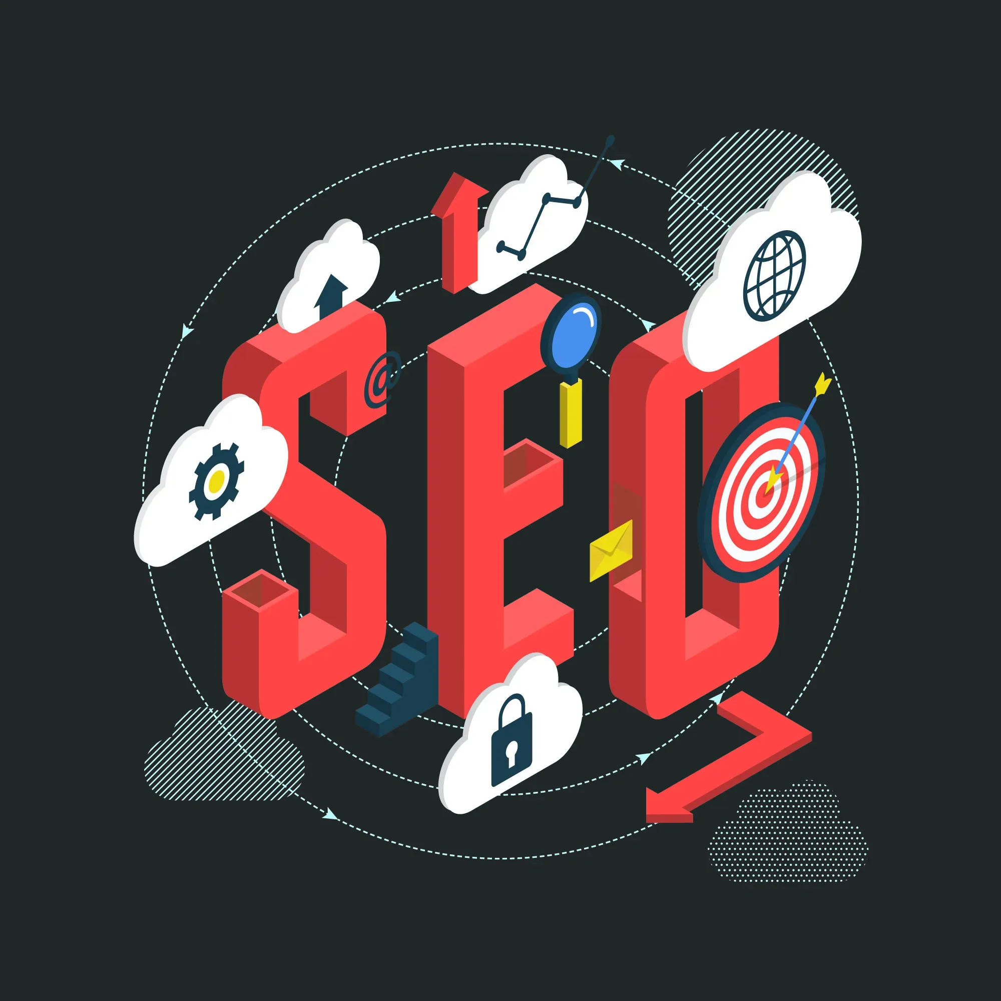 Ilustración representativa de SEO con íconos relacionados a optimización, crecimiento web, seguridad, y objetivos de marketing digital, destacando la importancia del posicionamiento en motores de búsqueda.